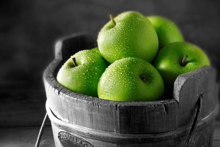 Green Apples - wallpaper, raw, tasty, art, apples, fruit, bucket, image, new, wet, nature, color, green