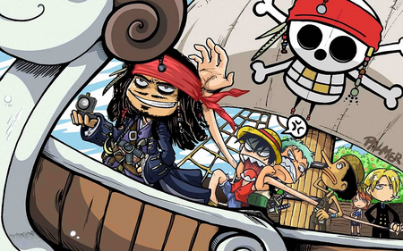 Jack took over the Merry - anime, one piece, chopper, jack sparrow, usopp, brook, nami, sanji, luffy, franky, funny, roronoa zoro