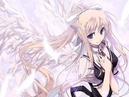 Kamio Misuzu - anime, girl, blonde, angel, long hair, uniform, white, wings, ribbon, kamio misuzu, feathers, bow