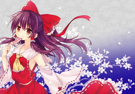 Hakurei Reimu - anime, girl, kimono, long hair, flowers, red, ribbon, bow, hakurei reimu, brunette