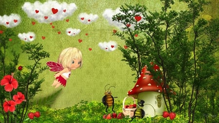 Fairy Visiting Bugs - bugs, whimsical, trees, strawberries, fairy, flowers, clouds with hearts, lady bug