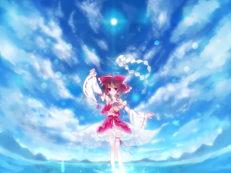 Hakurei Reimu - sky, ocean, girl, water, hakurei reimu, bow, red, blue, clouds, anime, ribbon, kimono