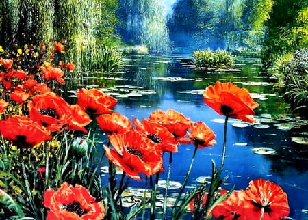 Lake - trees, poppies, blue water, plants, lake