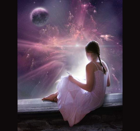 A night to dream - ledge, planet, pink clouds, girl, stars, sky, dreams