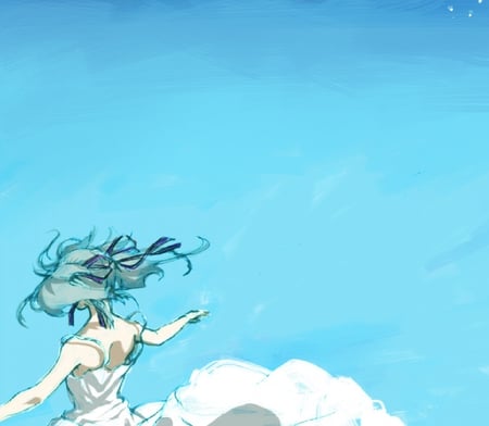 touch the sky - aqua, clouds, miku, blue, dress, vociliod