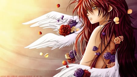 Angel - anime, 11th cat, beautiful, girl, angel, flowers, red hair, wings, nice