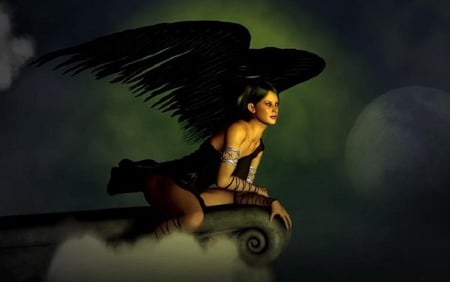 Fallen Angel - moon, building, angel, wings, black, fantasy