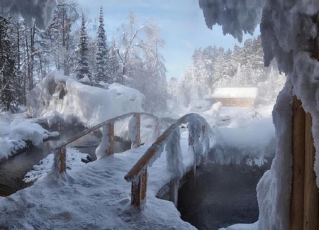 The Only Way In and Out - white, ice, home, trees, sunlight, snow, stream, bridge