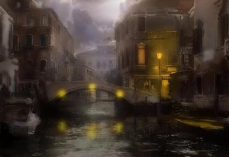 Dawn Breaking in Venice - boats, mist, buildings, bridge, canals, lamps