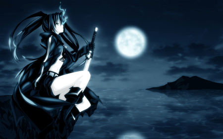 Girl with sword - sword, water, girl, blue, relaxing, nice, full moon, moon, mountain