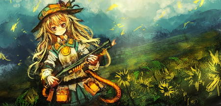 Girl With A Gun - girl with a gun, tagme, pretty girl, anime, cute anime, flowers, blonde, anime blonde hair