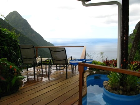 View from Ladera - st lucia, porch, view, green, deck, pitons, ladera, mountains