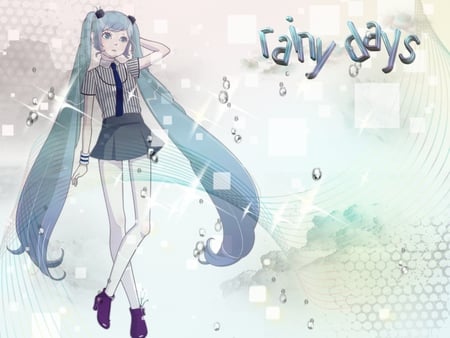 Rainy Days - aqua, thighhighs, music, anime girl, stockings, white, art, cool, aqua eyes, artistic, hatsune miku, skirt, song, vocaloids, program, vocaloid, beautiful, uniform, diva, beauty, nice, twintail, aqua hair, singer, black, virtual, pretty, idol, green, anime, miku, cute, girl, school, rain, oufit, cg, hatsune, blue, tie, awesome, digital