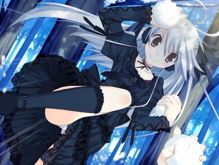 Black Dress Girl - cute anime, anime long hair, anime, jump, tagme, black dress girl, silver hair