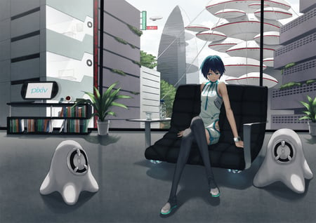 Anime - shouhei, anime, beautiful lady, blue hair, sitting, anime short hair, future