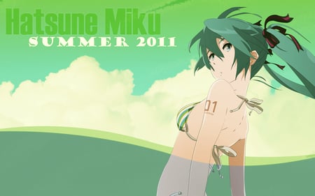 Hatsune Miku - aqua, hot, swimsuit, music, anime girl, white, art, cool, 2011, aqua eyes, artistic, hatsune miku, sexy, song, teal, vocaloids, program, vocaloid, beautiful, diva, nice, beauty, twintail, singer, aqua hair, black, virtual, pretty, idol, green, anime, miku, cute, girl, summer, cg, two piece, hatsune, bikini, digital, awesome