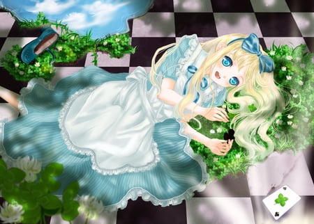 Alice In Wonderland - wonderland, anime, checkers, blue, dress, girl, blonde, grass, long hair, white, green, ribbon, alice, bow, blue eyes