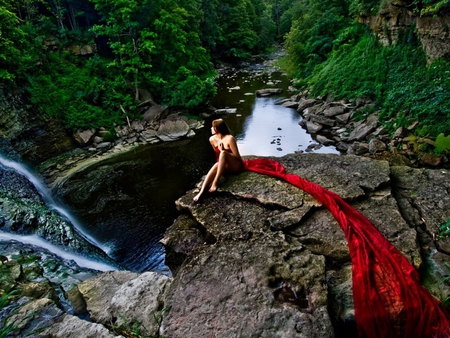 natural - montain, water, woman, natural