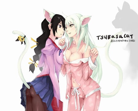 Bakemonogatari - yellow eyes, animal ears, long hair, white hair, cat, uniform, hanekawa tsubasa, 2girls, black hair, pijama