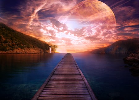 Into the magic - clouds, water, blue, cliffs, night, dock, light, pink