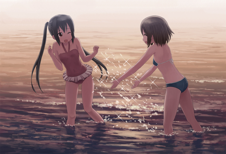 K-on - bikin, nakano azusa, wet, long hair, black hair, 2girls, wink, short hair, hirasawa yui