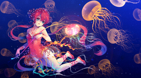 swimming with the jellyfish - girl, swimming, water, jellyfish, colorful, long hair, pretty, blue eyeys, anime, pink red hair