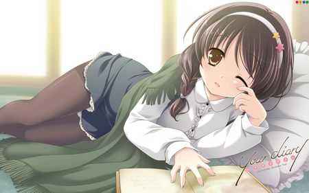 Hirosaki Kanade - brown hair anime, anime, bed, cute anime gitl, hirosaki kanade, pantyhose, tagme