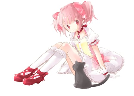 Kaname Madoka - mahou shoujo madoka magica, skirt, kaname madoka, cat, girl, pink hair, white, anime, animal, cute