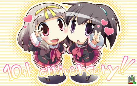 chibi cute - seifuku, brown hair, 10th anniversary, purple eyes, red eyes, 2 girls, grey hair, ribbon, hearts