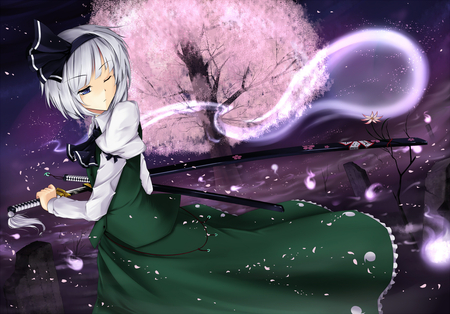 Konpaku Youmu - anime, dress, anime short hair, touhou, sakura tree, sakura petals, konpaku youmu, anime warrior, katana sword