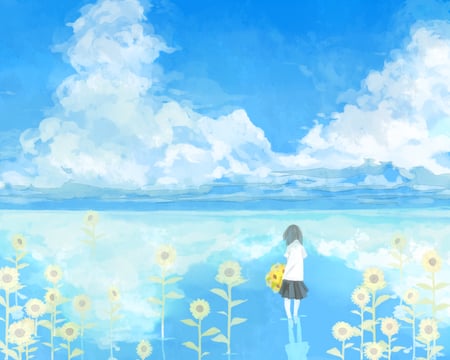 Scenic - anime city, scenic, cute anime girl, anime, flowers, original