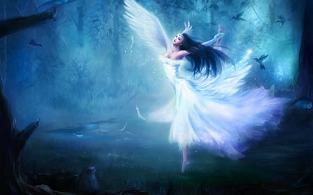 HAPPY ANGEL - girl, angel, dance, forest, wings, birds