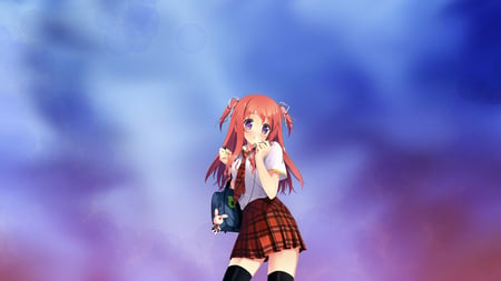 Schoolgirl - anime, blue, school, uniform, red, hd, effect, skirt, girl, orange, hair, white, cute, background, sexy, schoolgirl, wallpaper