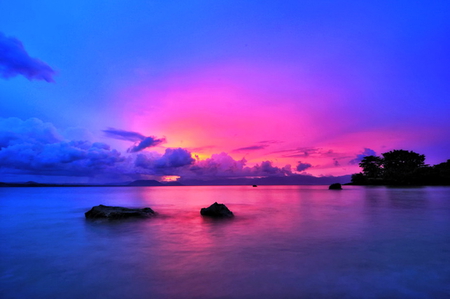 Summer glow - calm, glow, sky, ocean, pink, clouds, blue, rocks