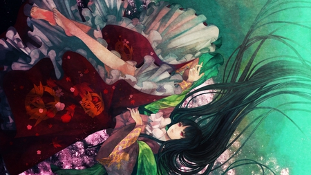 falling - ocean, pretty, falling, flowing dress, beautiful, water, plants, long black hair