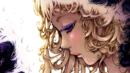 purple eyelashes - sad, purple eyelashes, purple feathers, girl, blonde, beauty, blush, curls