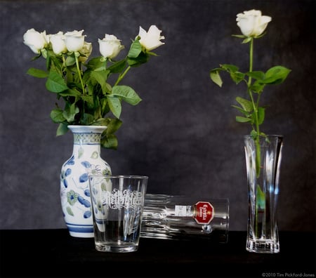 Glass and Roses - white roses, vases, still life, glasses