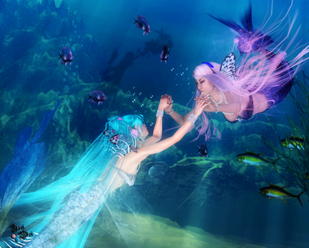 Miku&Luka Mermaids - vocaloid, water, append, blue, from, megurine, light, luka, miku, mermaid, underwater, hatsune, vocaloids