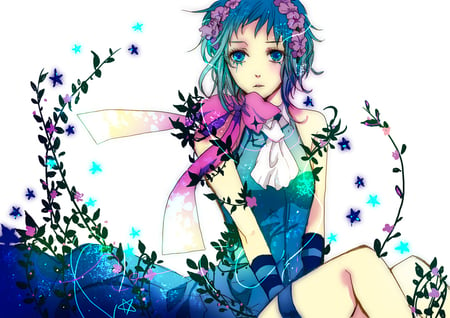 gumi - pretty, scalf, vocaloid, colorful, flowers, blush, gumi