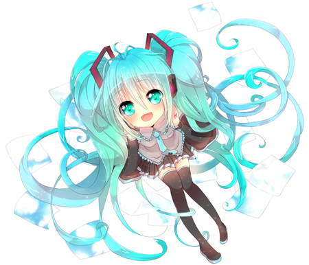 hatsune miku - curls, sitting, super cute, light, glow, excited, pretty, twin tails, vocaloid, headphones, big blue eyes, blush, happy