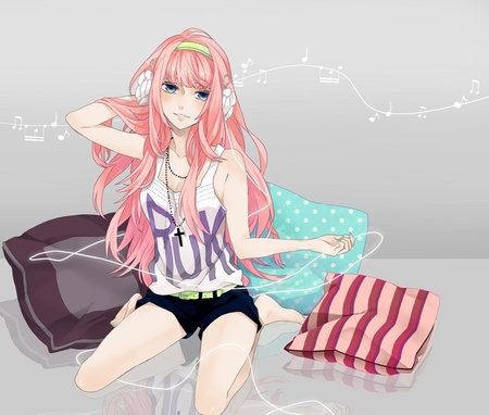 megurine luka - megurine luka, pillows, pretty, headphones, ear muffs, vocaloid, anime