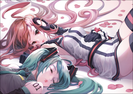 vocaloids - miku, twin tails, happy, headphones, rest, vocaloid, sleeping, petals, beautys, miki