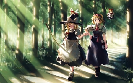 Kirisame Marisa - girls, trees, forest, anime, shangai, green, friends, kirisame marisa