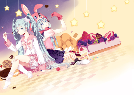 sweet as candy - pretty, twin tails, anime, girl, stars, eating, friends, cupcakes, bunny ears