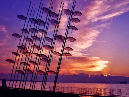 Umbralas at Beach - picture, beautiful, umbralas, sunset, at beach