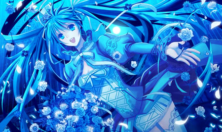 Hatsune Miku - hatsune miku, hatsune, skirt, vocaloid, blue, miku, flowers