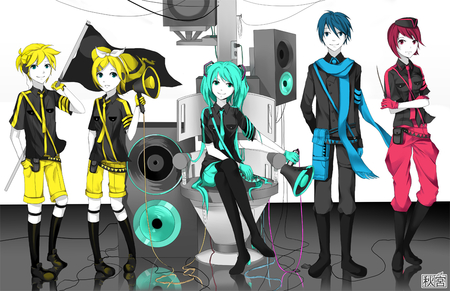 vocaloids - pink, aqua, friends, vocaloid, yellow, anime, blue