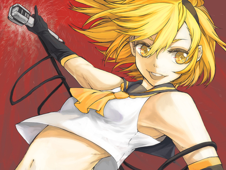 kagamine ren - golden eyes, twin, microphone, vocaloid, anime, smile, kagamine ren, blonde