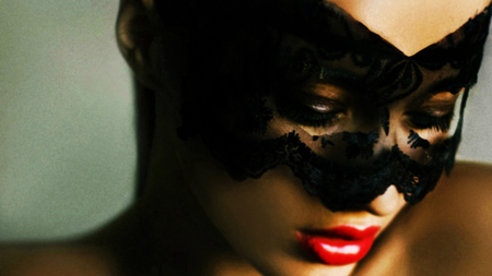 beauty in a mask - mask, photography, shy, girl, beauty, red lips