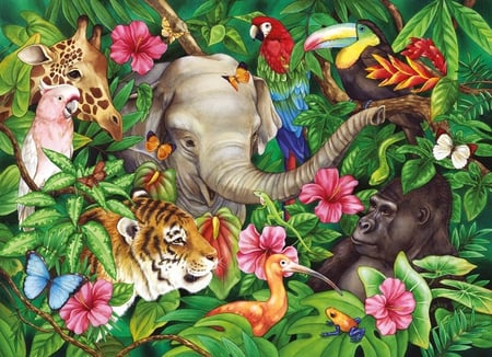 JUNGLE BOOK - pieces, jigsaw, animals, book, giraffe, bird, butterfly, elephant, gorilla, jungle, wild, animal, tree, tiger, flower